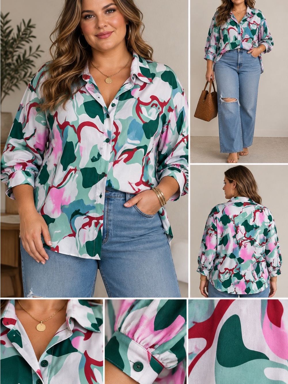 Size XXL Green Pink Abstract Button-Down Shirt